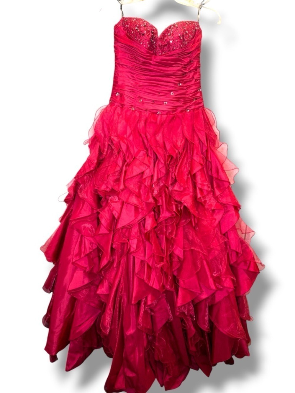 Hot Pink Formal Gown Medium Ruffled Tiered Princess Sequins - Picture 3 of 10